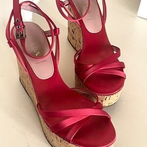 PRADA Raso Cork Wedge strappy Sandals Sz 7